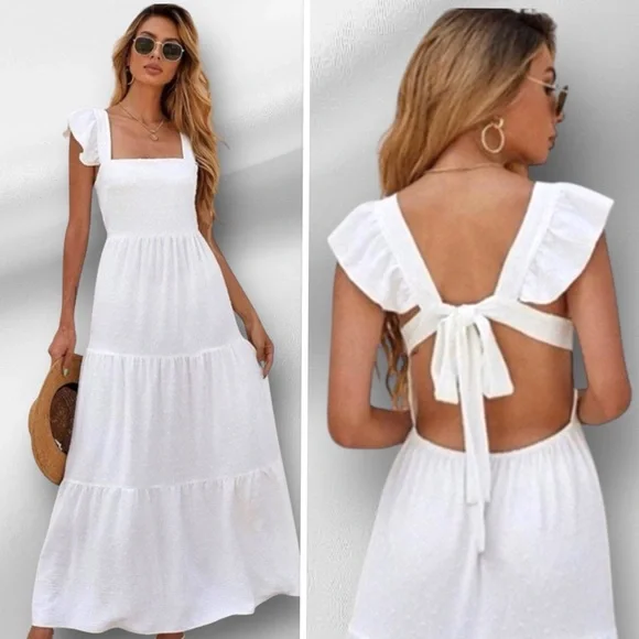 NEW O.P.T. / Tuckernuck 100% Cotton Tied Open Back Swiss Dot Maxi Dress White L - Picture 3 of 13